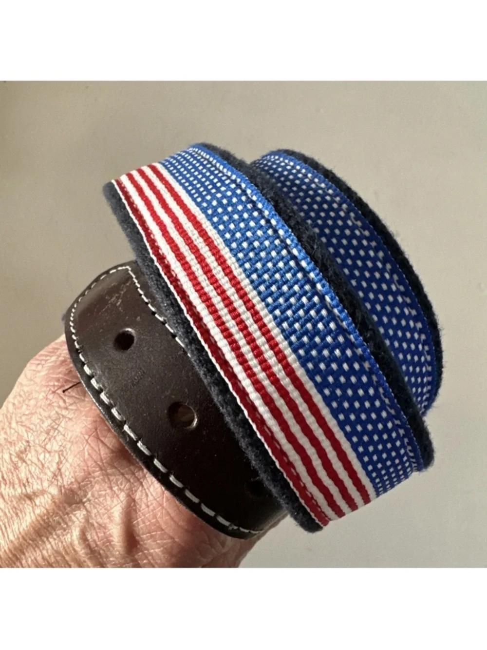 Vineyard Vines American Flag Webbing Belt with Brown Leather Trim 26